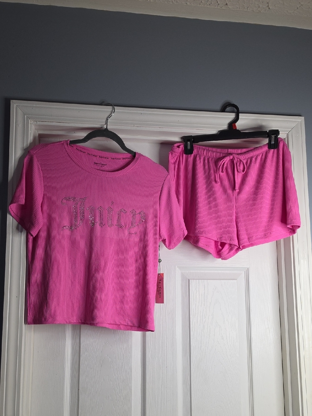 Juicy Couture Hot Pink Ribbed Short Sleeve Top & Drawstring Shorts Set
